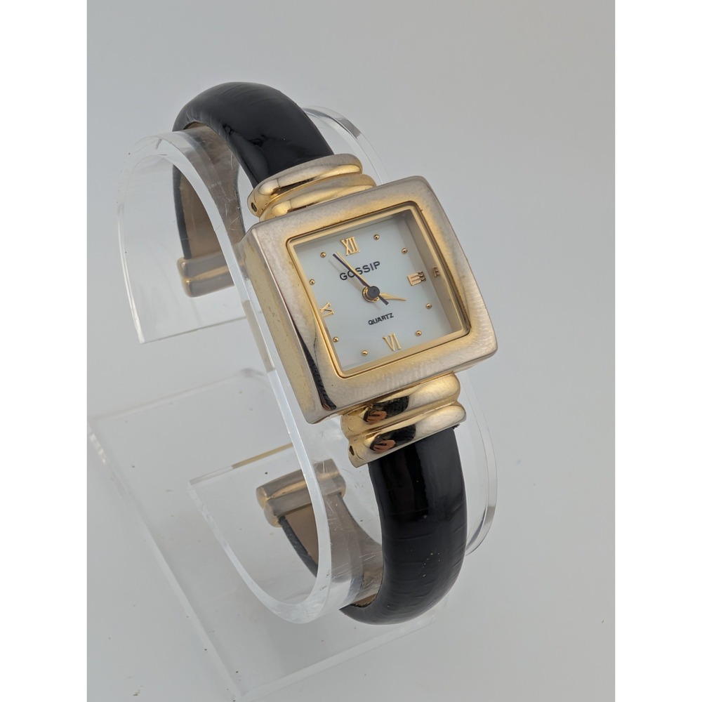 Gossip Watch Women Gold 22mm Case MOP Dial Black Bangle Band- New‎ Battery